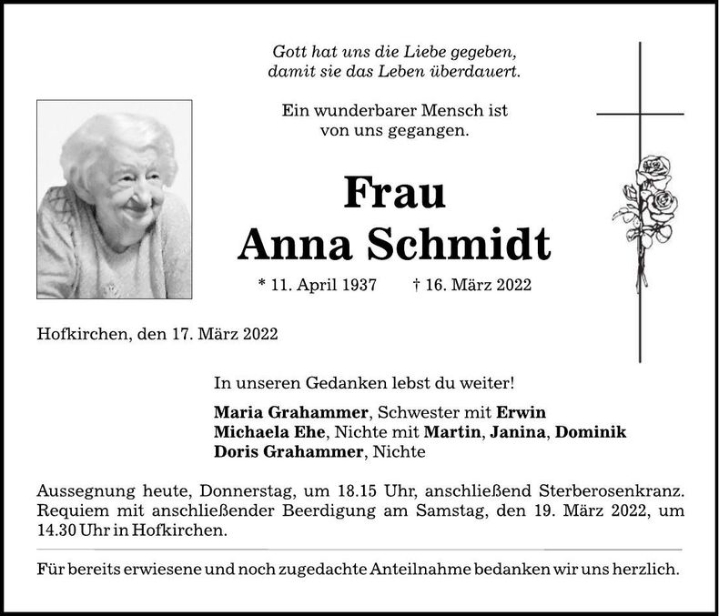 Traueranzeige Anna Schmidt