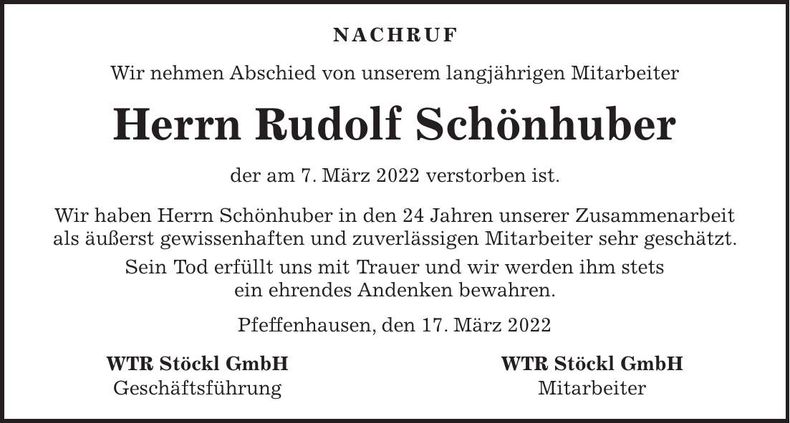 Traueranzeige Rudolf Schönhuber