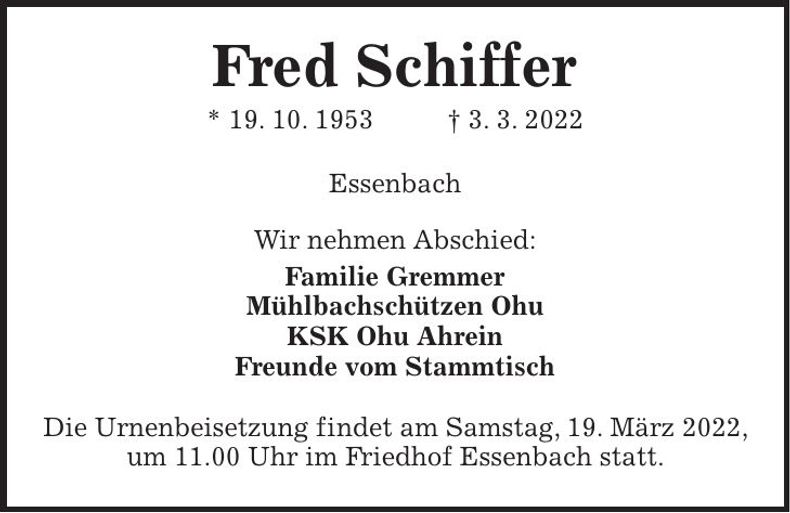 Traueranzeige Fred Schiffer