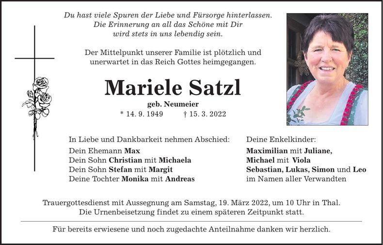 Traueranzeige Mariele Satzl