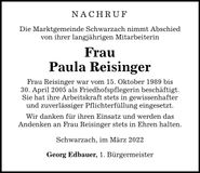 Traueranzeige Paula Reisinger