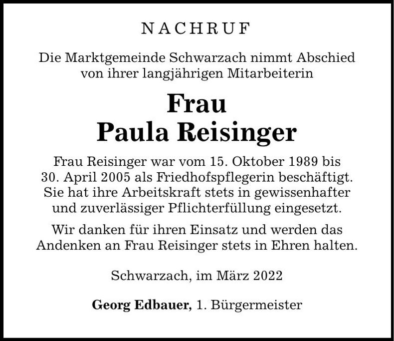 Traueranzeige Paula Reisinger