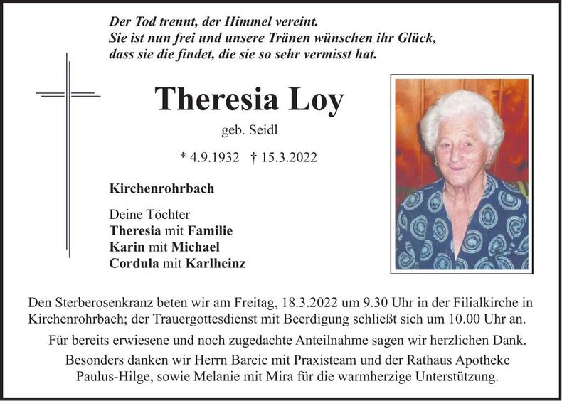Traueranzeige Theresia Loy