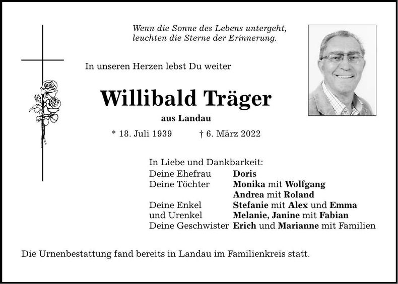 Traueranzeige Willibald Träger