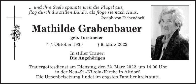 Traueranzeige Mathilde Grabenbauer