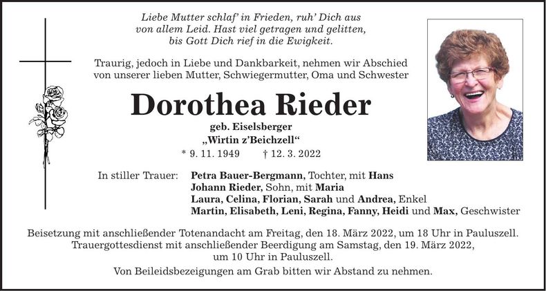 Traueranzeige Dorothea Rieder