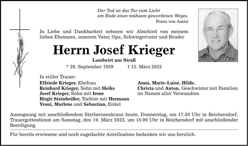 Traueranzeige Josef Krieger