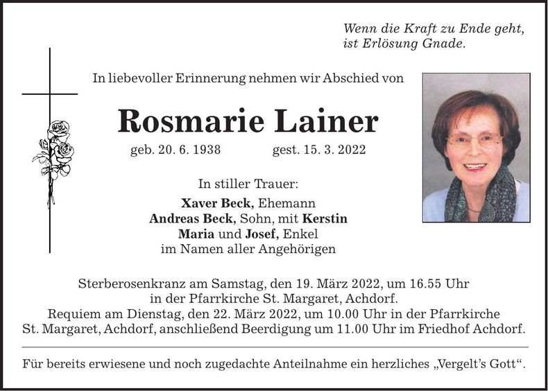 Traueranzeige Rosmarie Lainer
