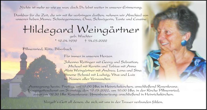 Traueranzeige Hildegard Weingärtner