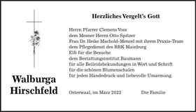 Traueranzeige Walburga Hirschfeld
