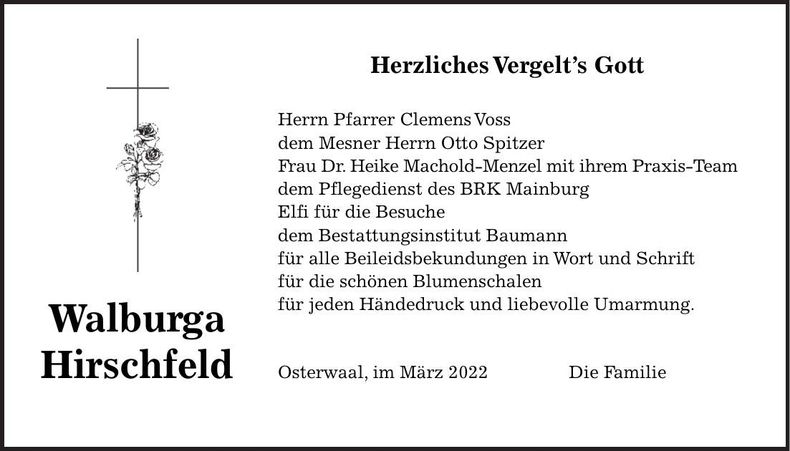 Traueranzeige Walburga Hirschfeld