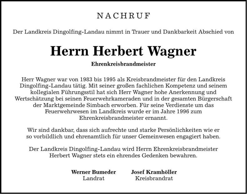 Traueranzeige Herbert Wagner