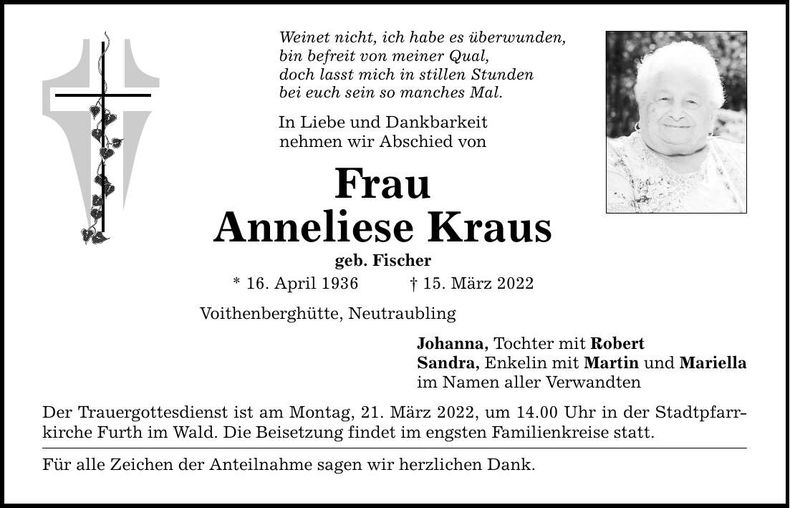 Traueranzeige Anneliese Kraus