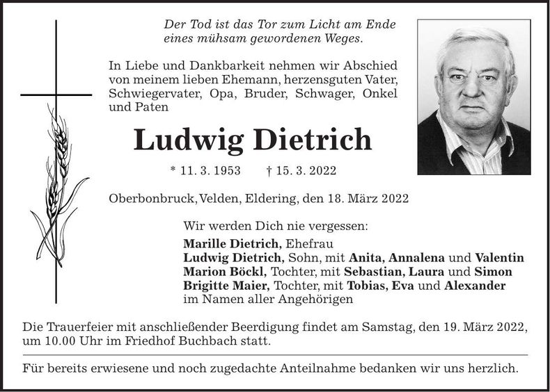 Traueranzeige Ludwig Dietrich