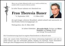Traueranzeige Theresia Bauer