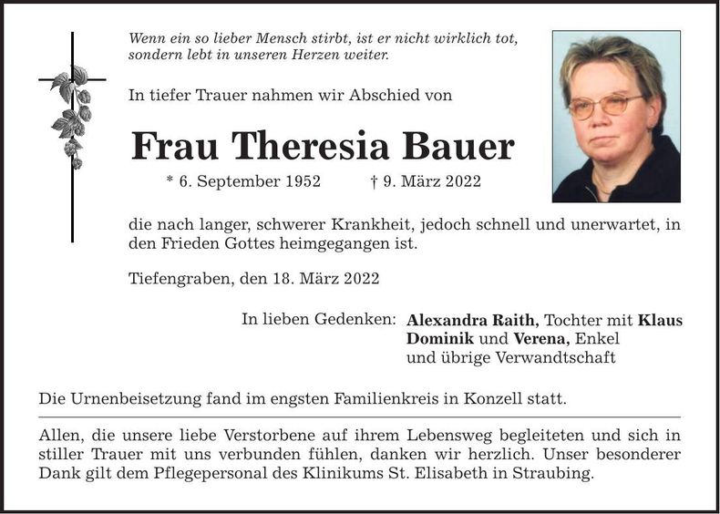 Traueranzeige Theresia Bauer