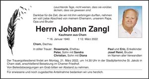 Traueranzeige Johann Zangl