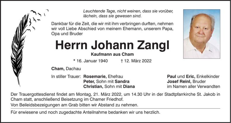 Traueranzeige Johann Zangl