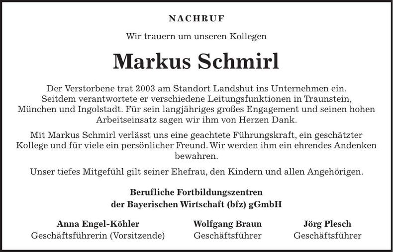 Traueranzeige Markus Schmirl