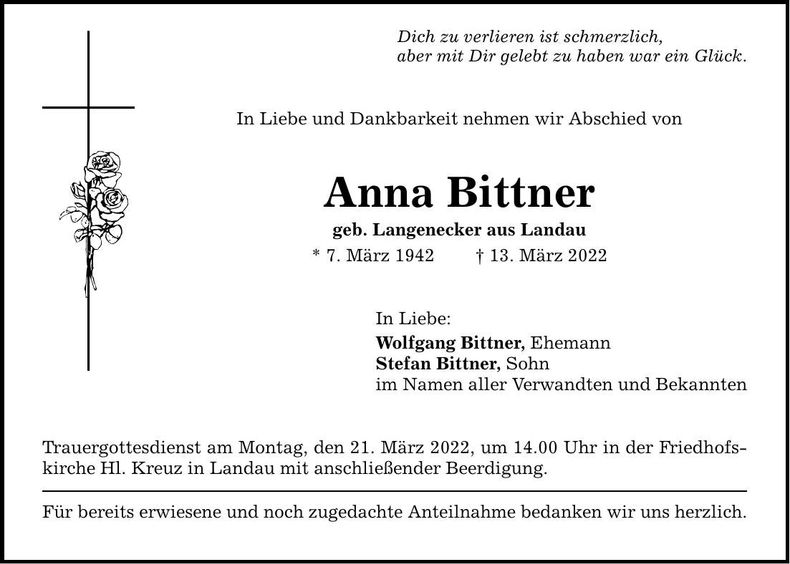 Traueranzeige Anna Bittner