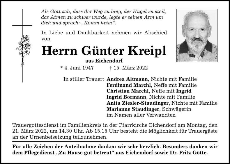 Traueranzeige Günter Kreipl