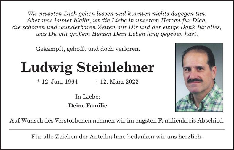 Traueranzeige Ludwig Steinlehner