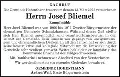 Traueranzeige Josef Bliemel