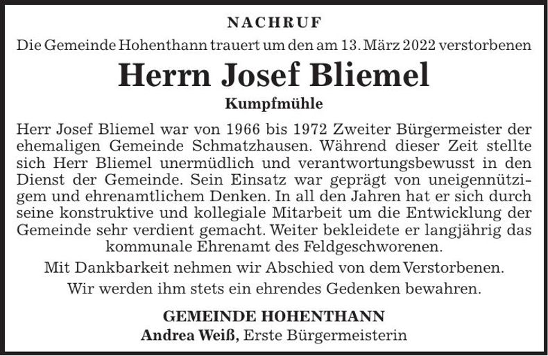 Traueranzeige Josef Bliemel