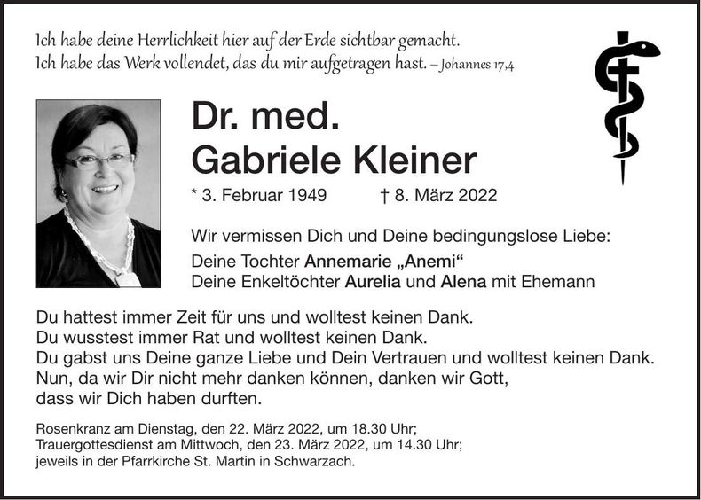 Traueranzeige Gabriele Kleiner