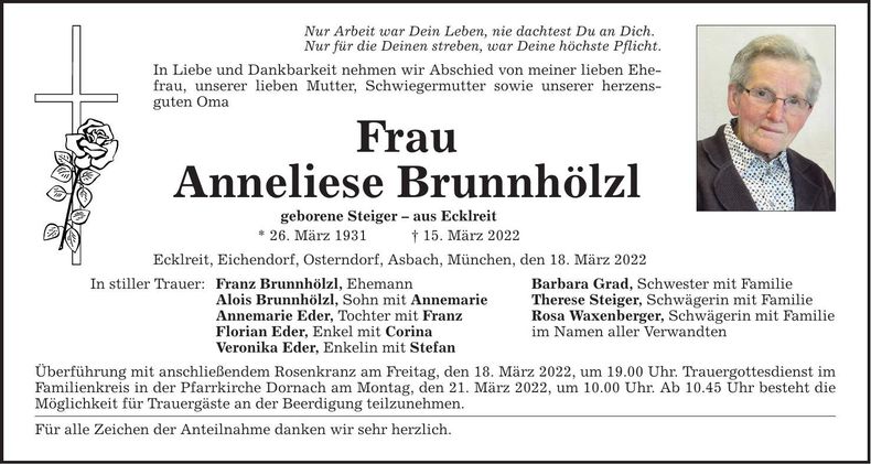 Traueranzeige Anneliese Brunnhölzl