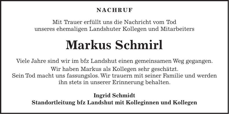 Traueranzeige Markus Schmirl