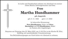 Traueranzeige Martha Hundhammer