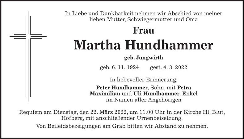 Traueranzeige Martha Hundhammer