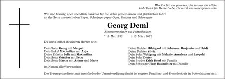 Traueranzeige Georg Deml