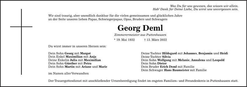 Traueranzeige Georg Deml