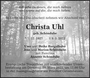 Traueranzeige Christa Uhl