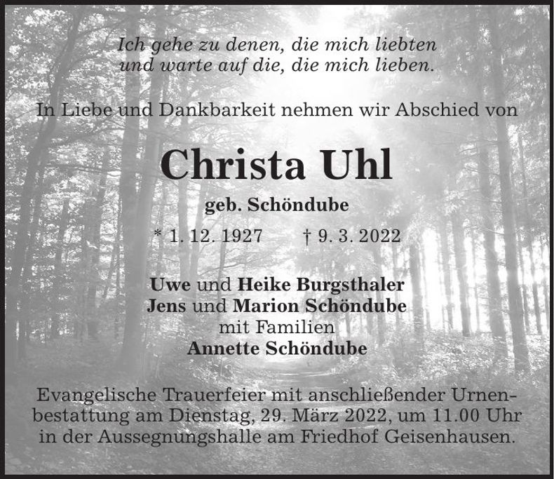 Traueranzeige Christa Uhl