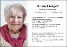 Traueranzeige Anna Geiger