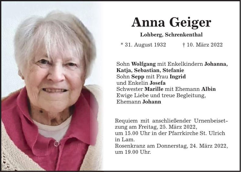 Traueranzeige Anna Geiger