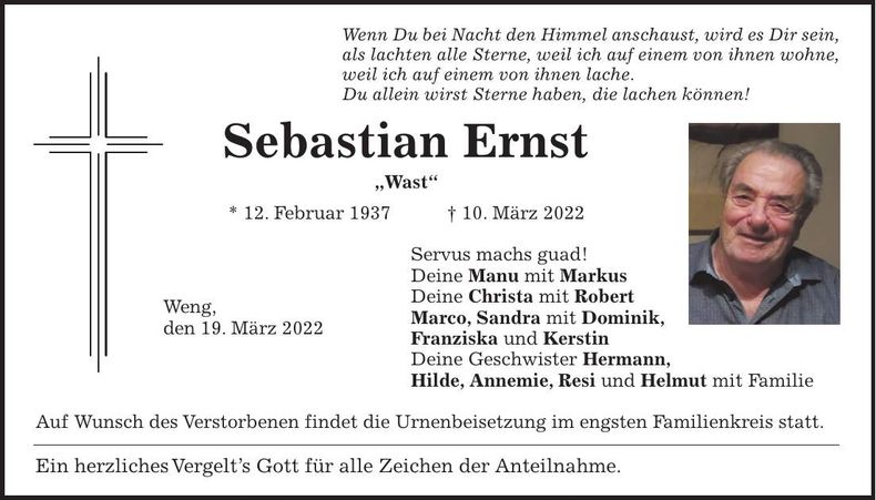 Traueranzeige Sebastian Ernst