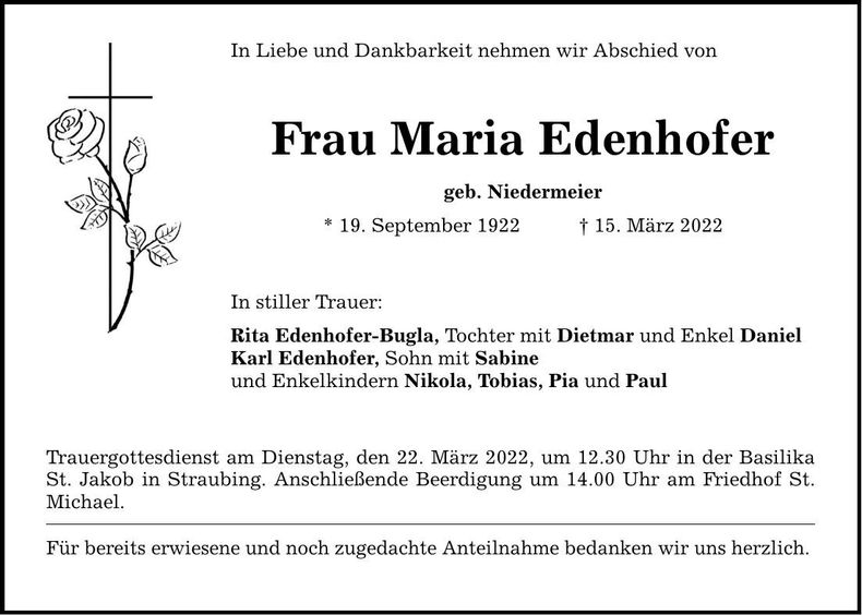Traueranzeige Maria Edenhofer
