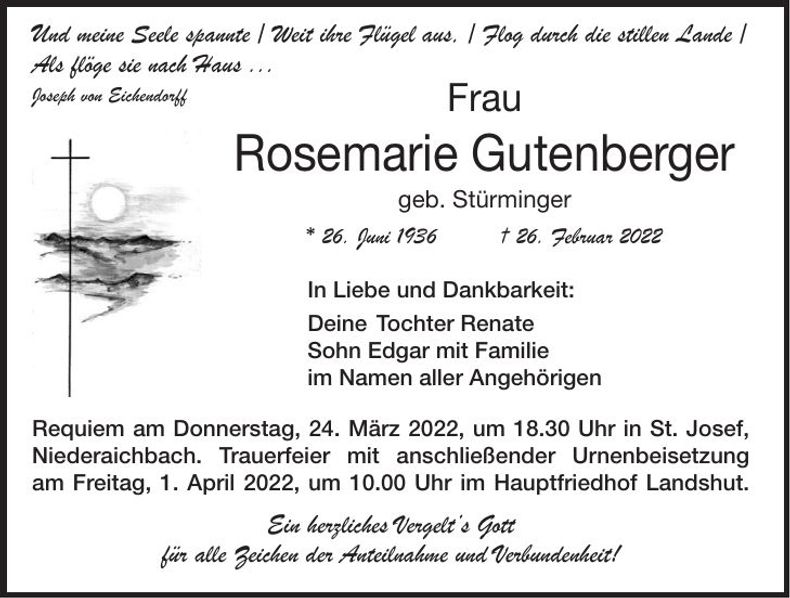 Traueranzeige Rosemarie Gutenberger
