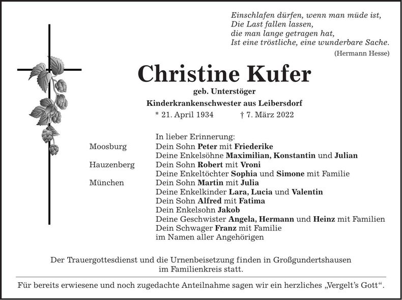 Traueranzeige Christine Kufer