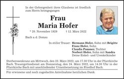 Traueranzeige Maria Hofer