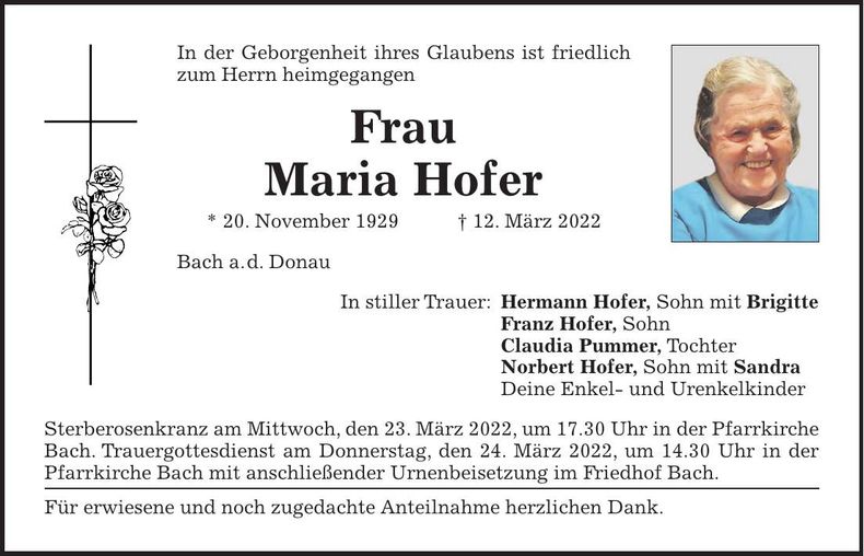 Traueranzeige Maria Hofer