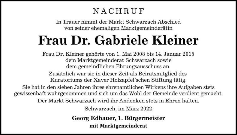 Traueranzeige Gabriele Kleiner