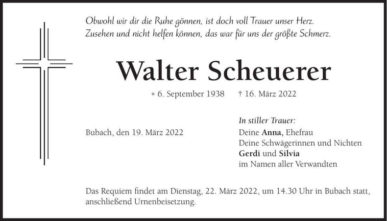 Traueranzeige Walter Scheuerer