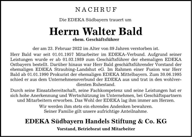 Traueranzeige Walter Bald