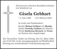 Traueranzeige Gisela Gebhart