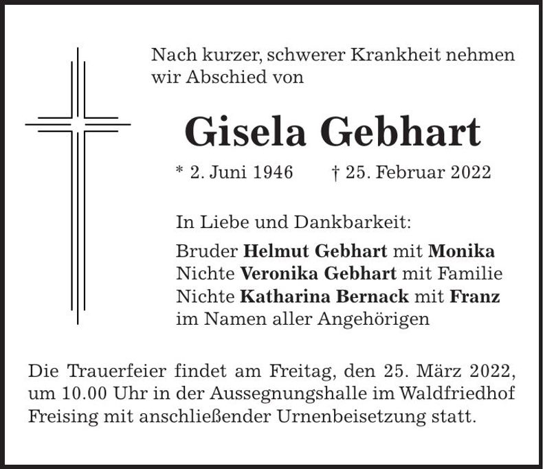 Traueranzeige Gisela Gebhart